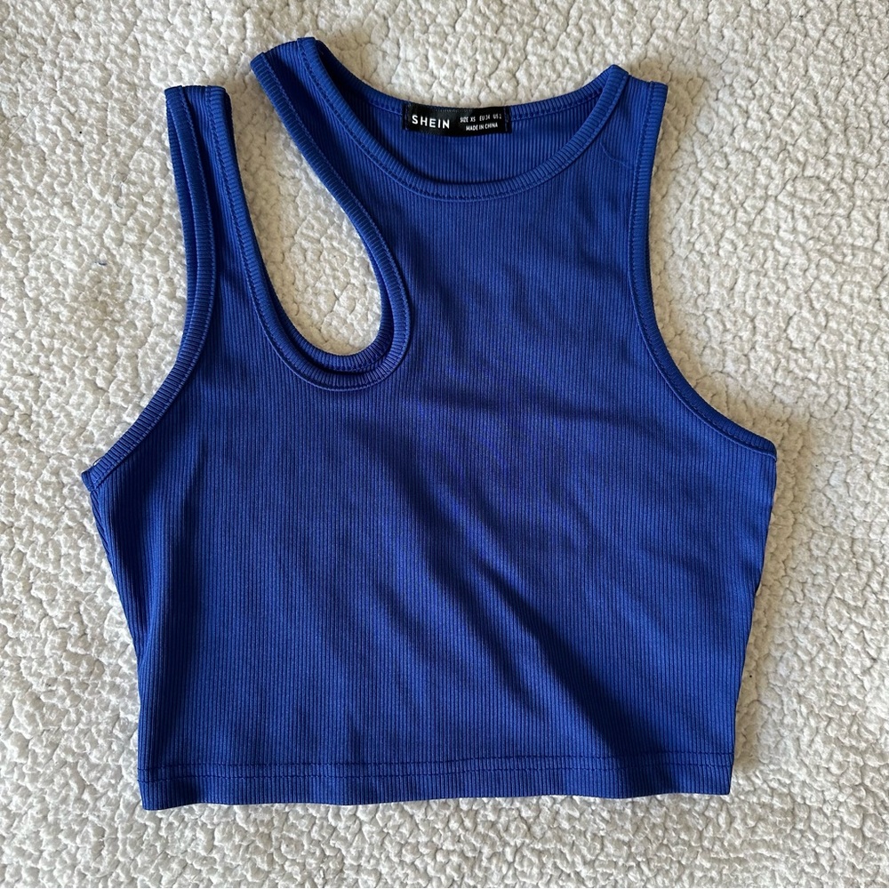 Brand New Shein Asymmetrical Ribbed Blue Crop Tank Top